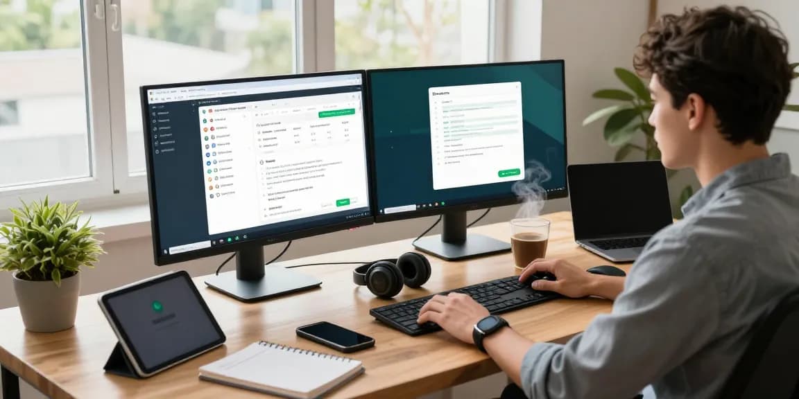 Engaged user accessing WhatsApp電腦版 in a stylish home office, showcasing modern tech workspace.