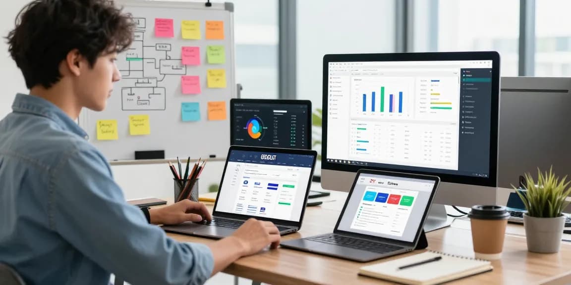 Seorang profesional muda bekerja di ruang pemasaran digital dengan GEGESLOT terlihat di monitor
