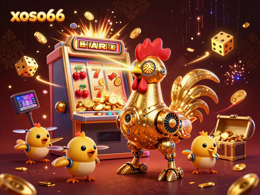 Experience jackpot thrills with xoso66 in this vibrant 3D casino scene featuring a golden robot and playful drones.