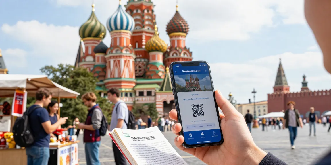 Pengguna aplikasi https://payinrussia.com/ di depan tempat terkenal di Rusia dengan suasana meriah dan interaksi pelancong.