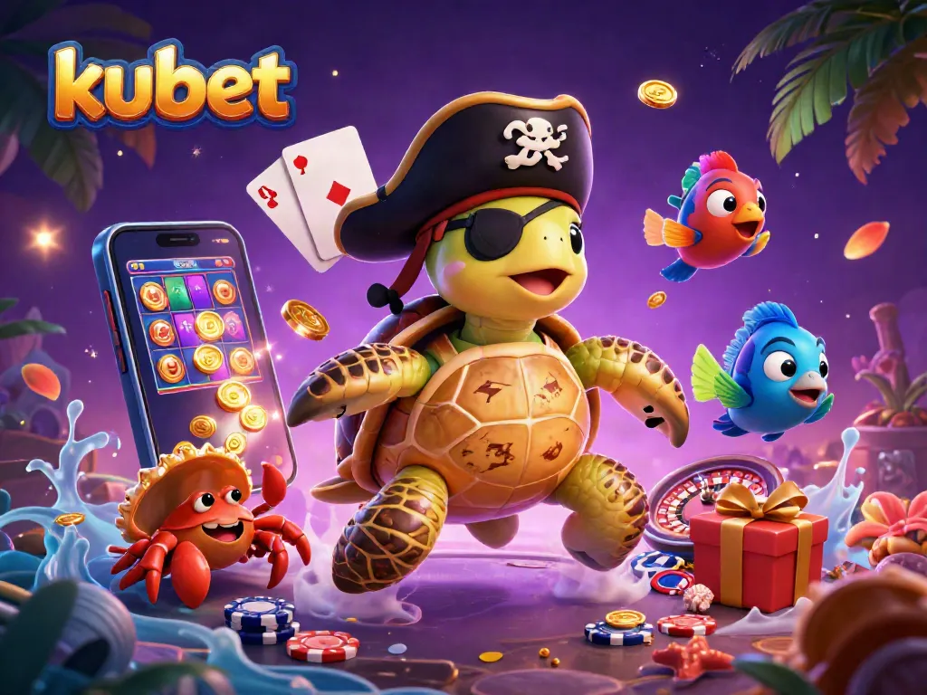 Kubet's exciting gaming world illustrated with a pirate turtle, hermit crab, and parrotfish amidst a vibrant casino scene.