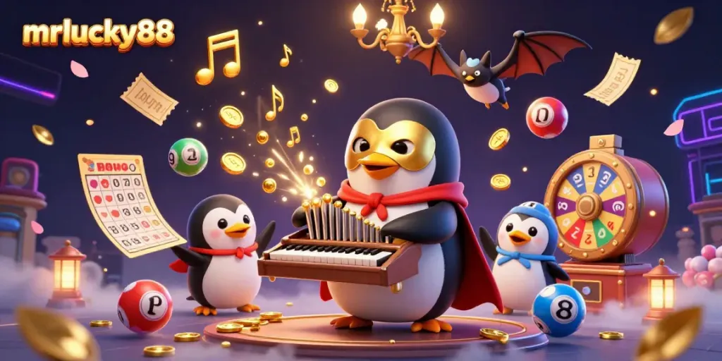 Experience thrilling gameplay at mrlucky88 with golden coins and vibrant game elements surrounding a phantom penguin.