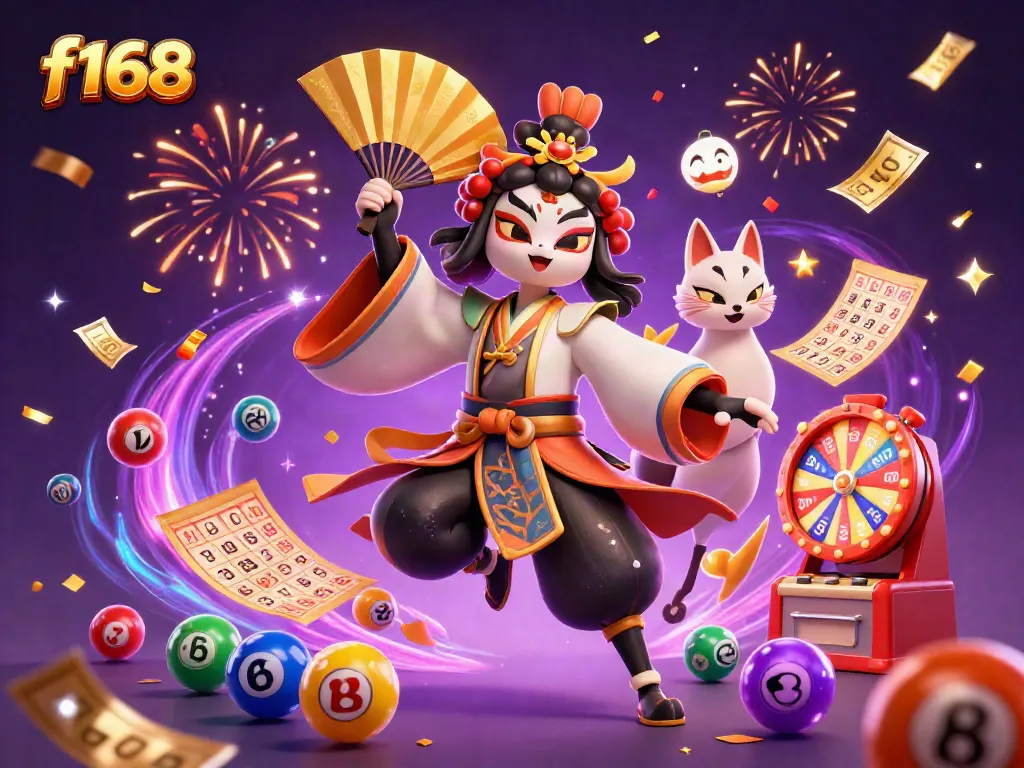 Experience thrilling gaming at f168 with vibrant lottery balls and a kabuki warrior in a festive setting.