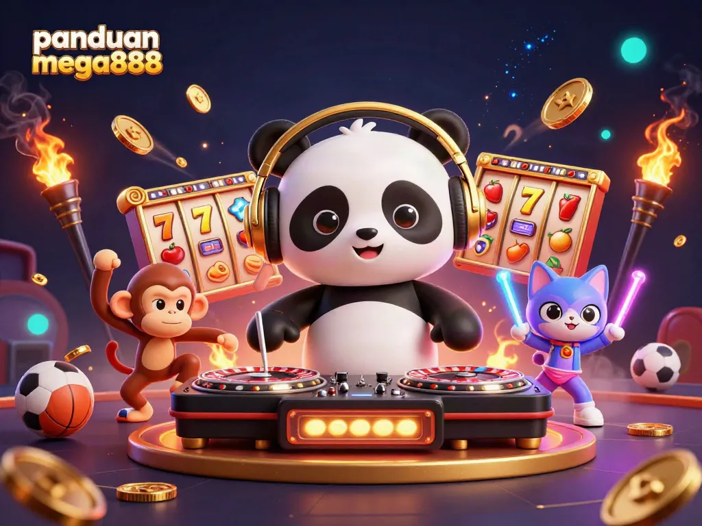 Engage in panduan mega888 strategies with a vibrant 3D casino scene featuring lively characters and game elements.