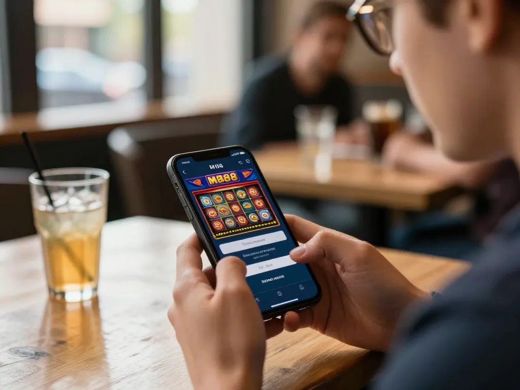 M88 login mobile app in use showing vibrant slot game graphics on smartphone screen at cozy café.