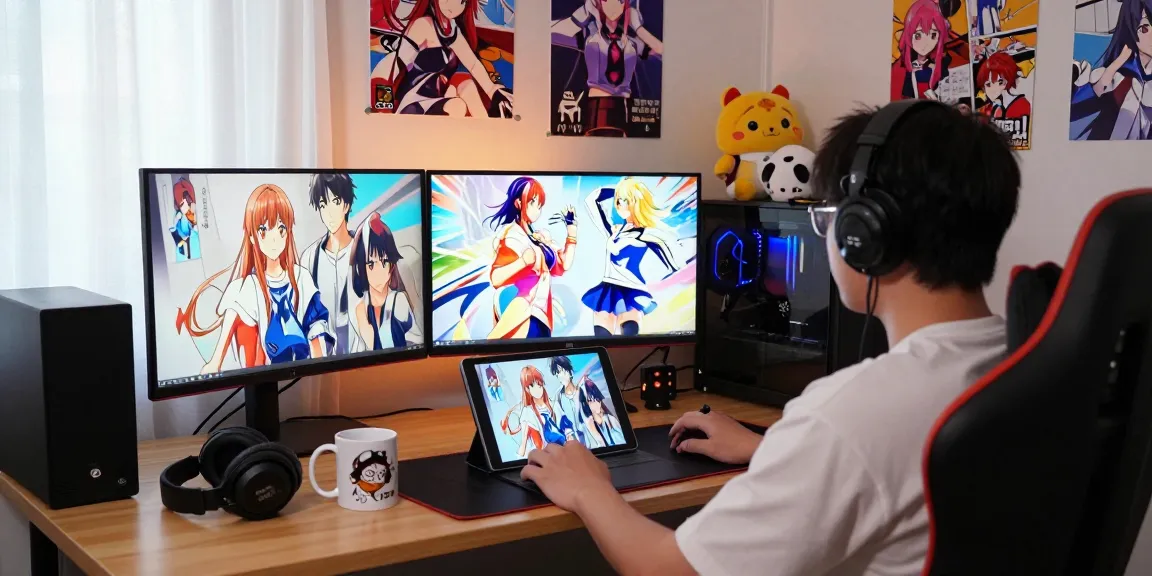 Casual gamer engrossed in playing an ecchi game on tablet surrounded by colorful anime posters and plush toys.