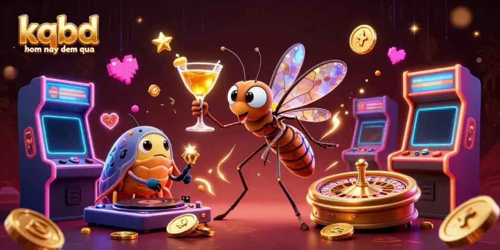 KQBD hom nay dem qua showcases a vibrant scene with a cartoon mosquito mascot, trilobite DJ, and golden roulette wheel, engaging in a cinematic casino vibe.