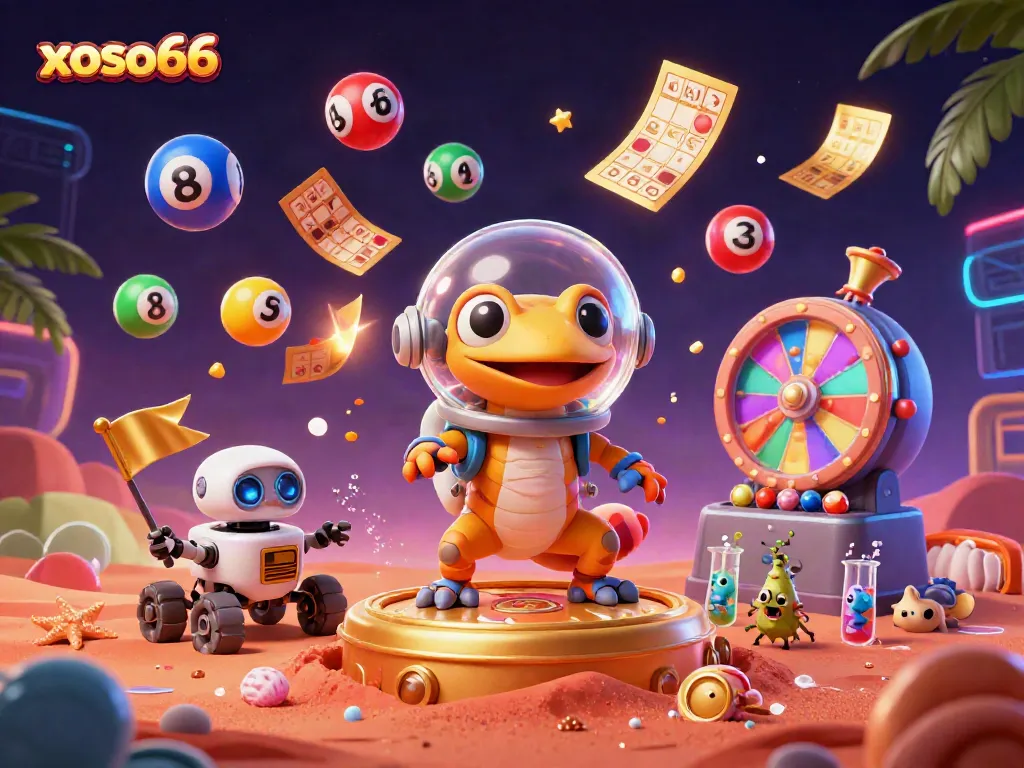 Experience winning moments with xoso66's vibrant lottery scene featuring a Martian gecko and interactive elements.