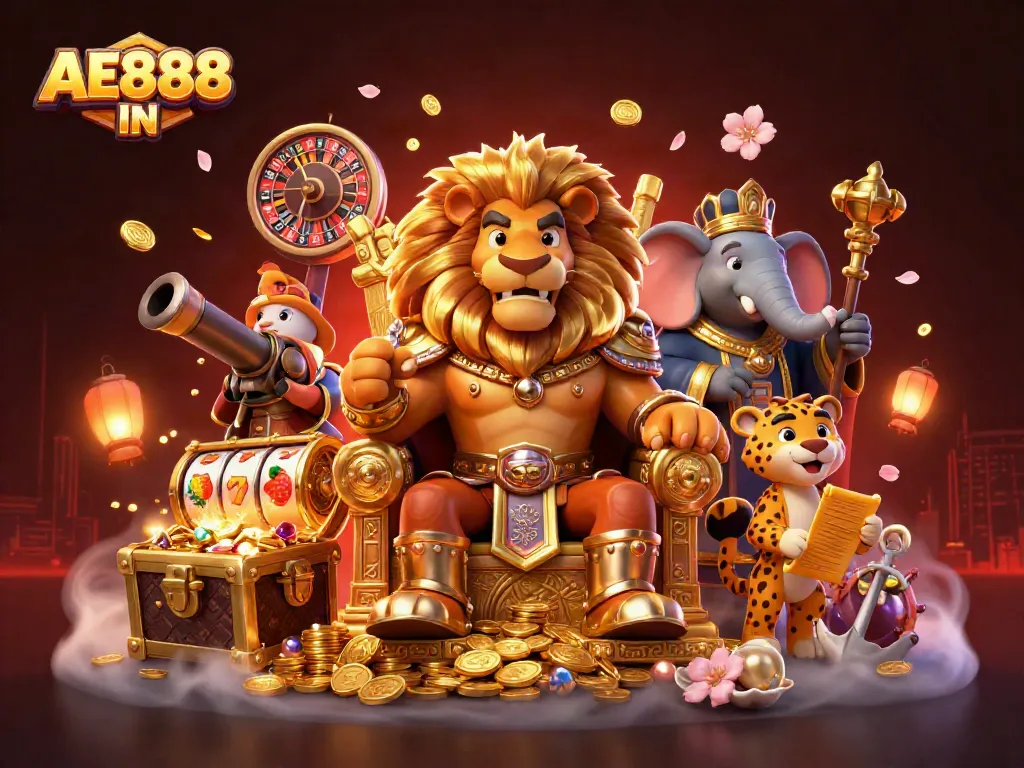 Experience thrilling action at AE888 IN with a regal lion king amidst gold coins, slot reels, and dynamic casino elements.