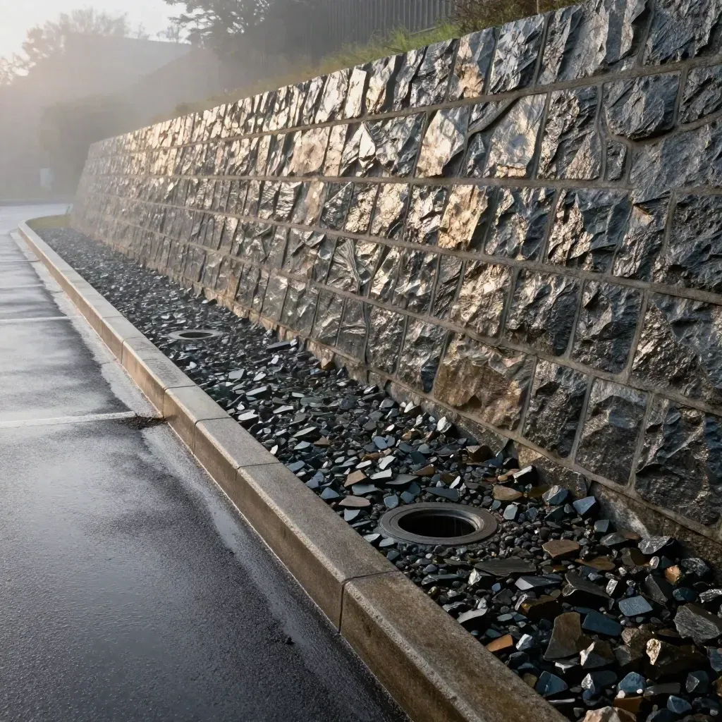 Dinding penahan batu bertingkat di cerun parkir, air hujan mengalir ke longkang kerikil atas asfalt basah.