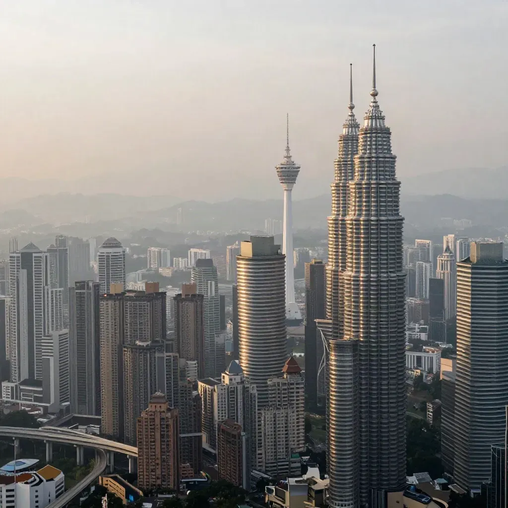 Pemandangan Lembah Klang berkabus dengan Menara KL dan Merdeka 118 di kejauhan.