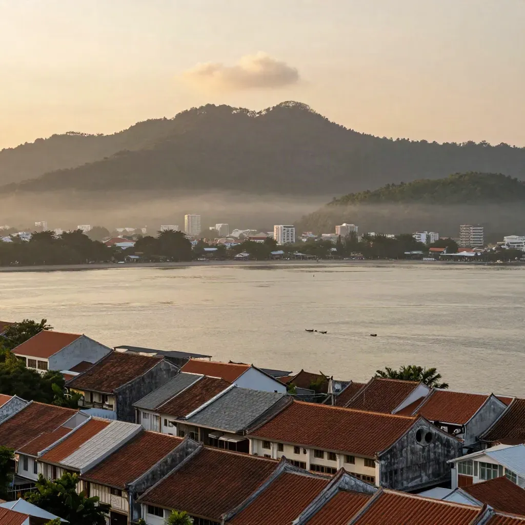 Pulau Pinang berkabus dengan bumbung George Town, Bukit Penang dan air pelabuhan tenang.