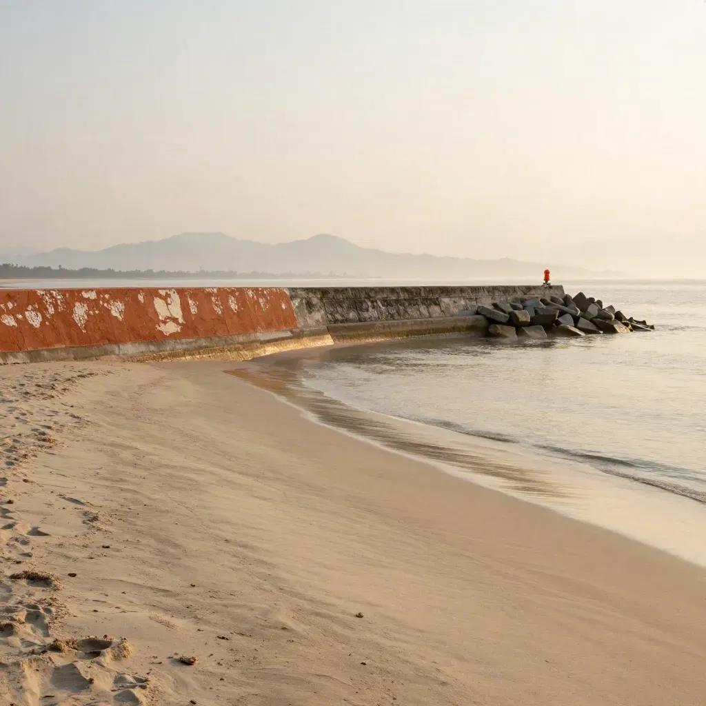 Pantai Timur dengan siluet bandar pesisir, laut tenang dan langit petang berkabus