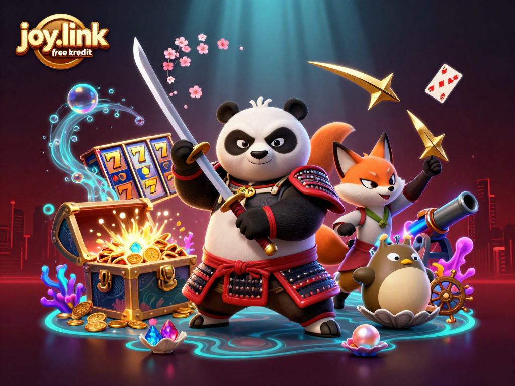 Engage in excitement with joy.link free kredit, featuring samurai panda and ninja fox in a vibrant casino-themed scene.