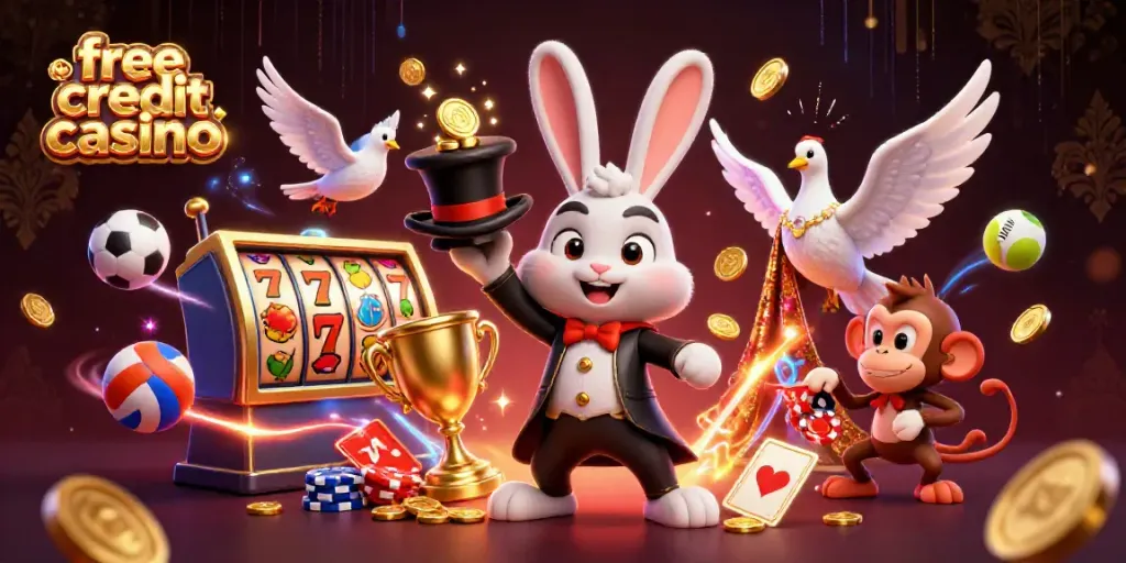 Experience the thrilling world of free credit casino with a magician rabbit, sparkling gold coins, and lively characters.