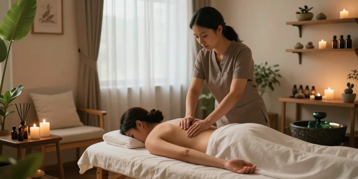 Relaxation massage in a serene wellness studio showcasing 성북구출장안마, calming decor, and soothing ambiance.