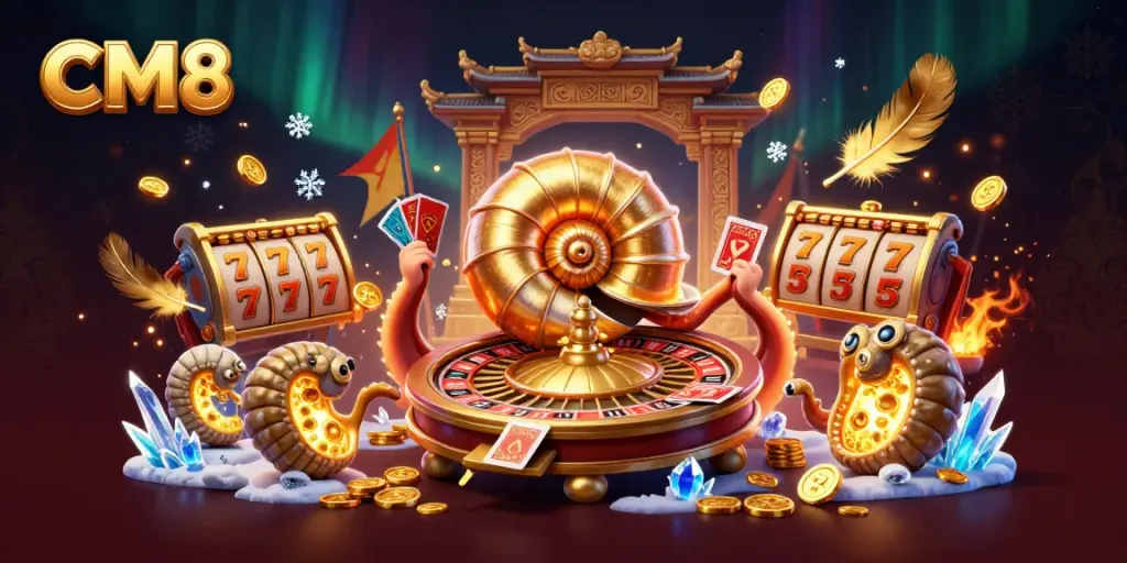 Experience the thrilling world of CM8 with an enchanting 3D casino scene showcasing games and excitement.