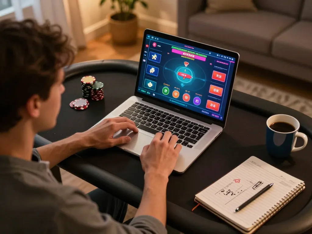 Engaging poker gameplay on f8betlv laptop, cozy home setting with strategy notes.