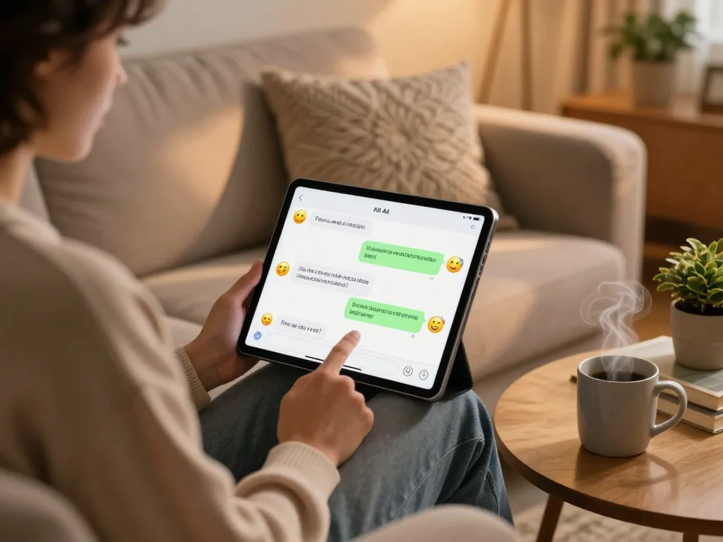 Person engaging in ai sex chat on a tablet in a cozy home setting.