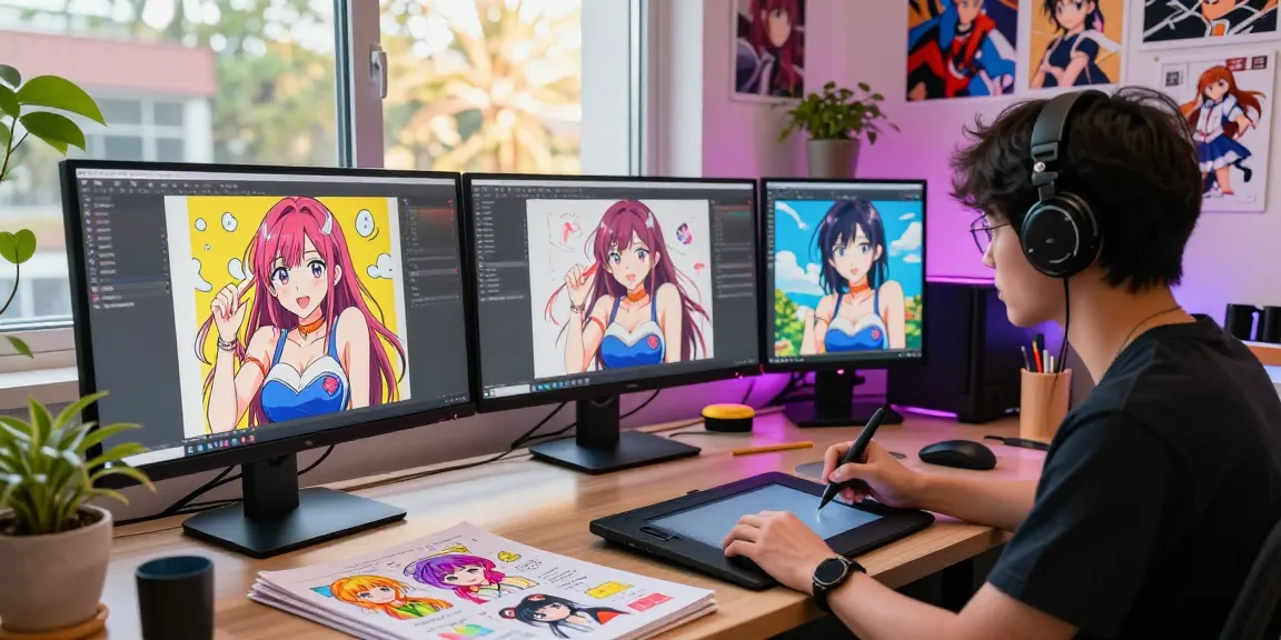 ai ecchi artist illustrating vibrant anime scenes in a creative studio