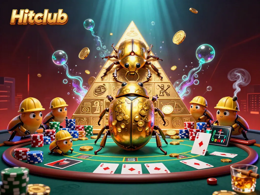 Hitclub showcases a golden beetle rolling coins amidst vibrant casino scenes and poker elements.