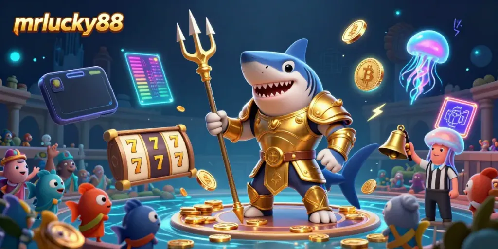 Join the excitement at mrlucky88 with a tiger shark in gladiator armor amidst vibrant casino-themed elements.