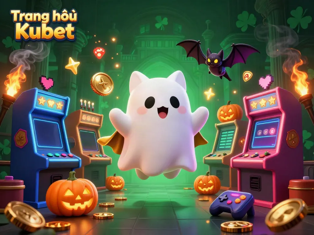 Experience thrilling gameplay at Trang chủ Kubet with a vibrant haunted casino scene featuring a friendly ghost cat and vampire bat.