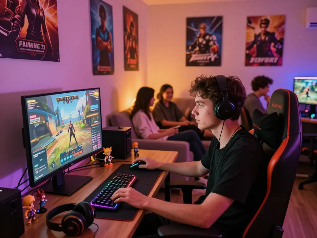 Enjoying a porno game in a vibrant gaming lounge with friends and modern setup