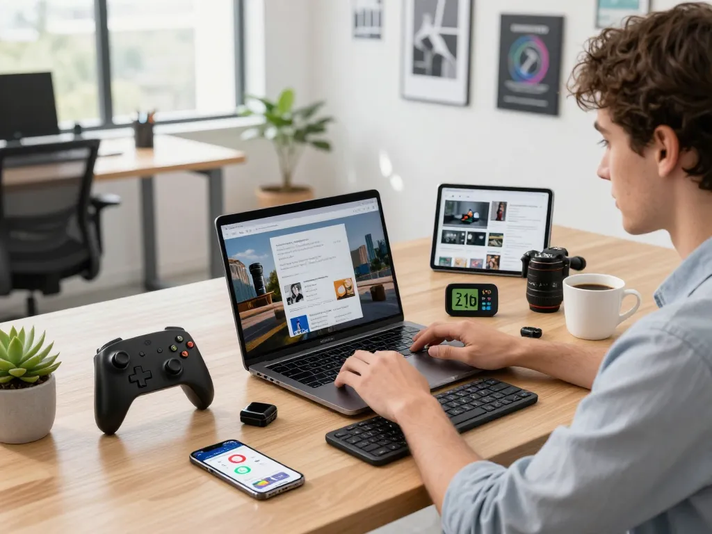 Enhanced productivity with trending tech gadgets in a modern workspace featuring Bluetooth devices.