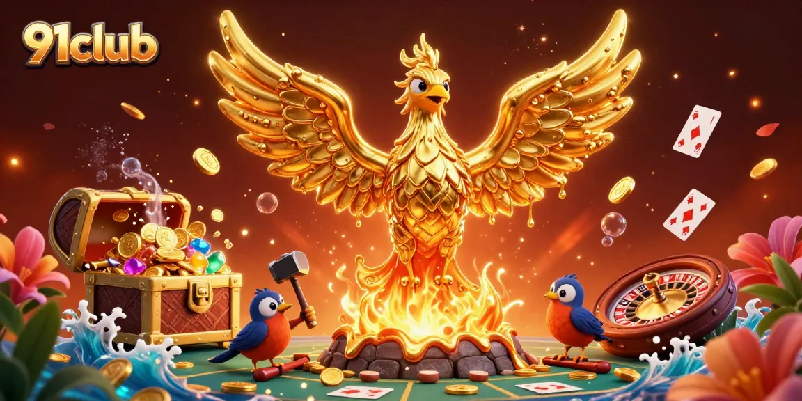 Experience thrilling games at 91club with a golden phoenix symbolizing luck and fortune in online betting.
