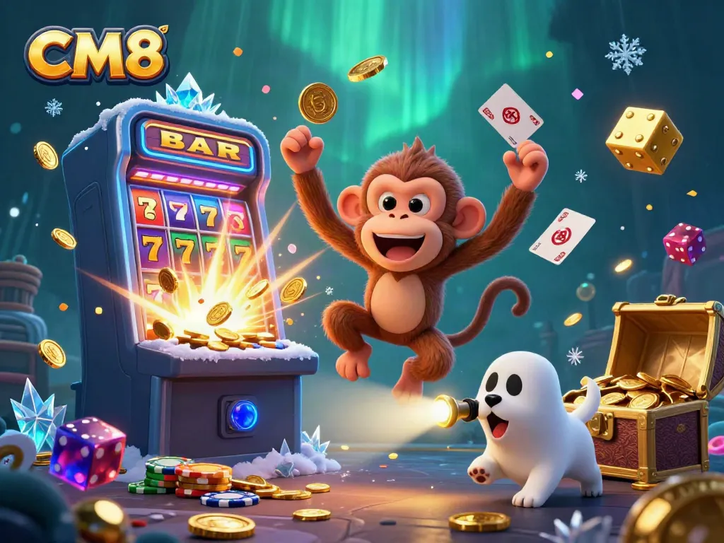 Experience thrilling gameplay with CM8 in a haunted casino featuring vibrant slot machines and playful characters.