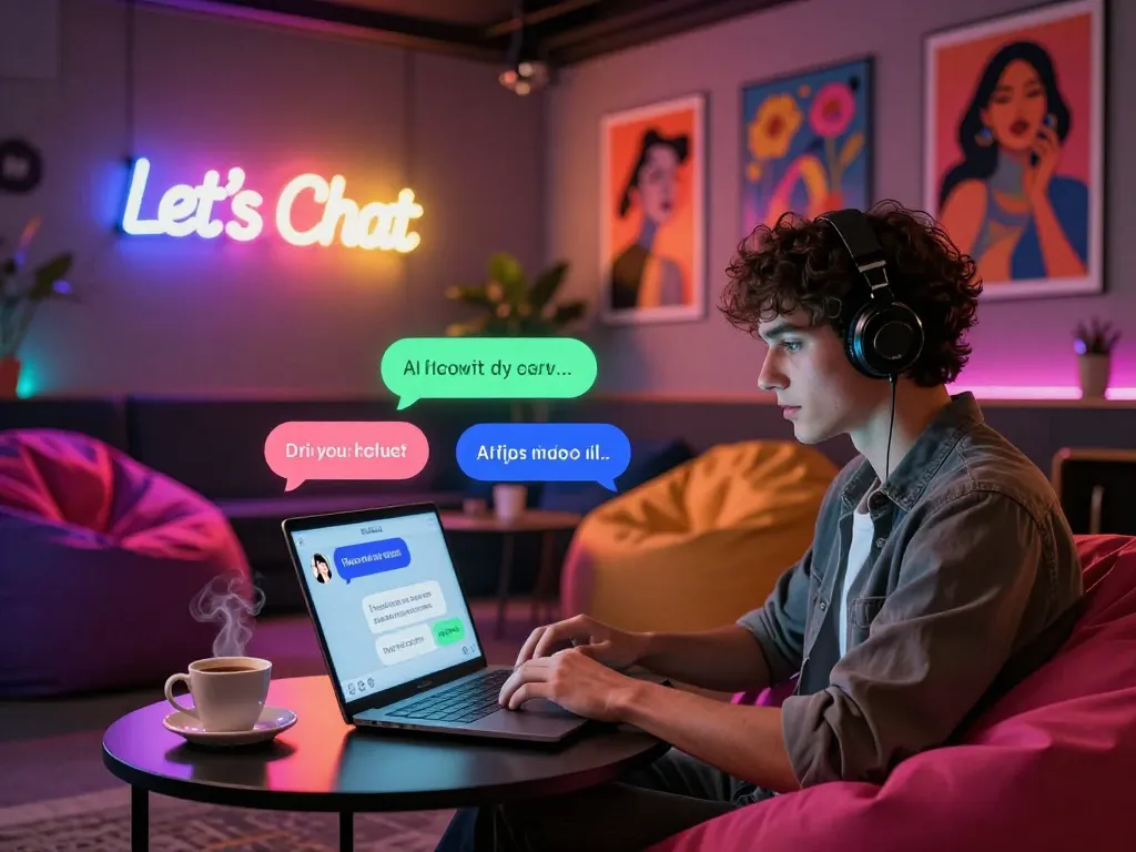 Interactive ai chat nsfw experience in a cozy digital lounge with vibrant chat bubbles and ambient lighting.