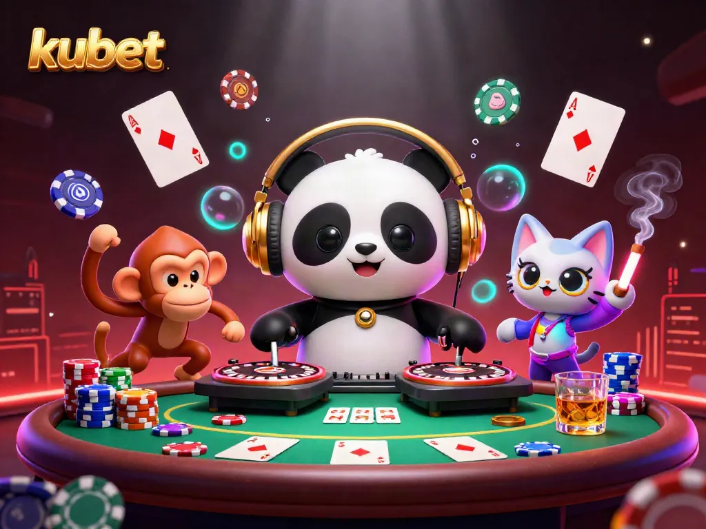 Witness the vibrant kubet scene with a DJ panda and friends in a lively casino setting.