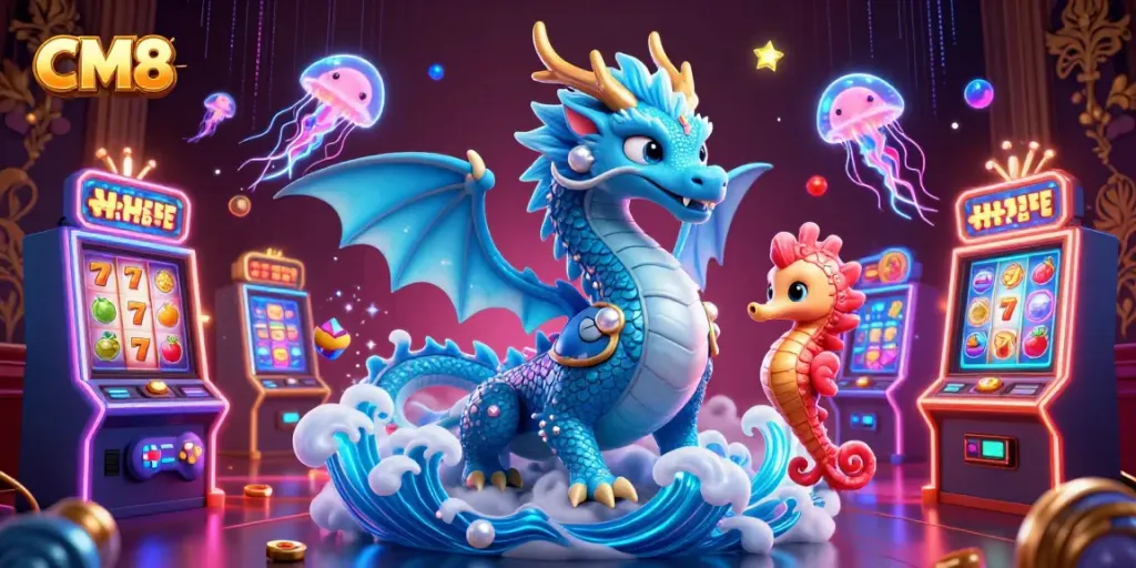 Spin the reels with CM8 in a vibrant casino scene featuring dragons and neon elements.