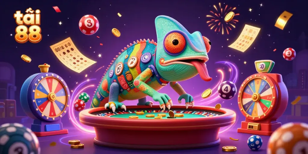 Experience excitement with tải go 88 as a vibrant chameleon casino owner celebrates wins surrounded by games.