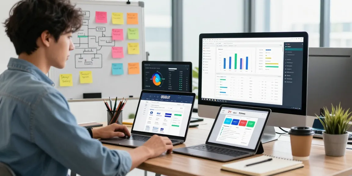 Seorang profesional muda bekerja di ruang pemasaran digital dengan GEGESLOT terlihat di monitor