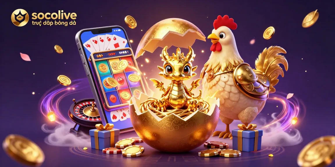 Socolive trực tiếp bóng đá showcases a vibrant scene of a golden dragon and poker chips amidst slot game elements, creating an engaging online betting atmosphere.