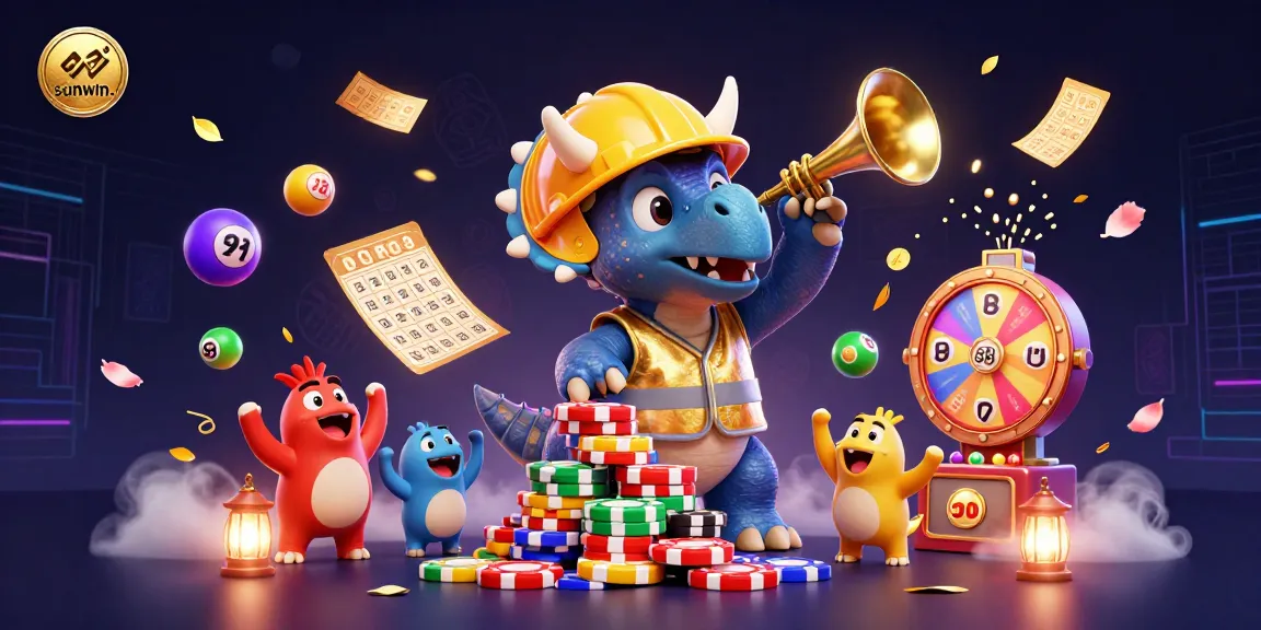 Engage in thrilling adventures at sunwin. as a triceratops builds a poker chip pyramid amidst a celebratory atmosphere.