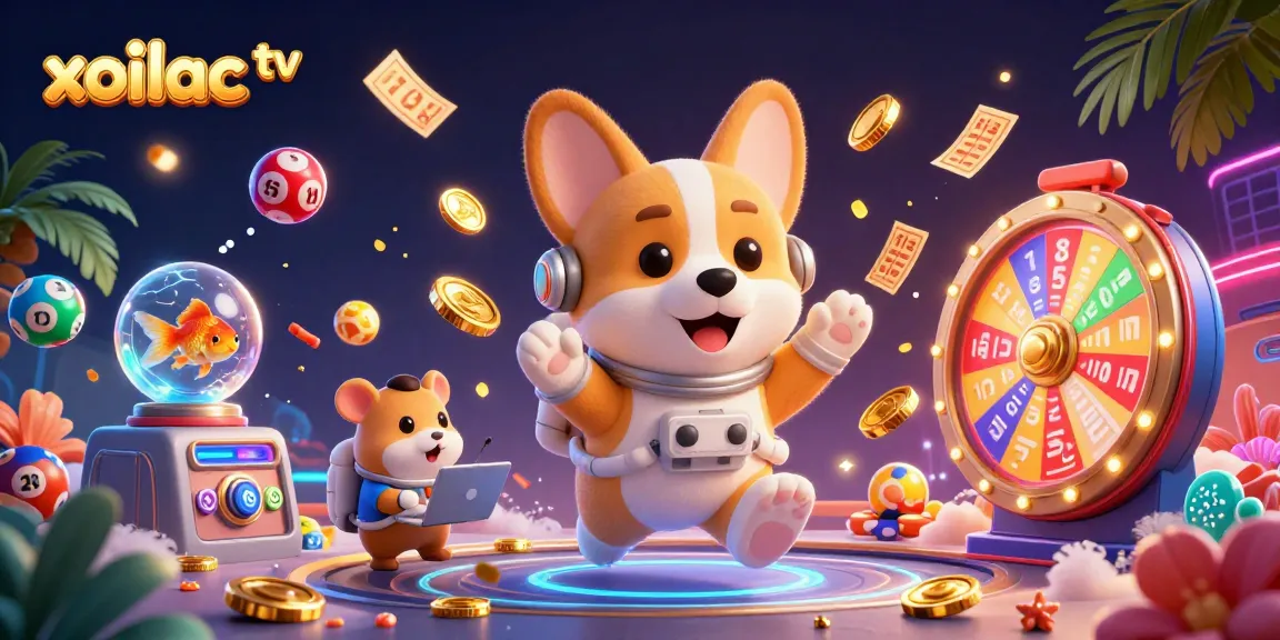 Xoilac TV presents a vibrant scene of thrilling lottery gaming with animated characters.