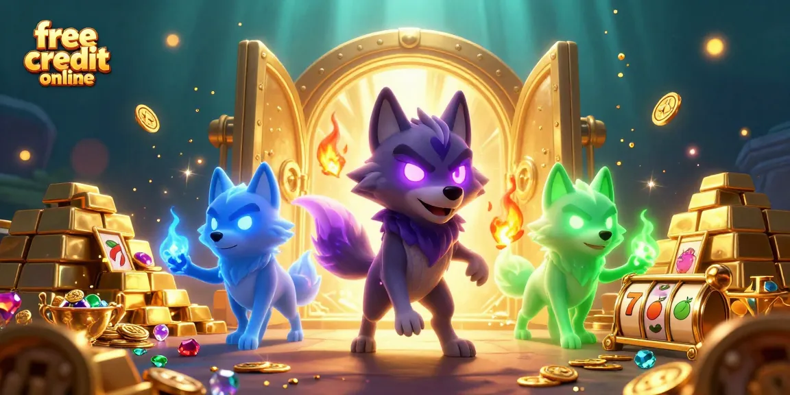 Join the excitement of free credit online with our casino-themed wolf adventure illustration.