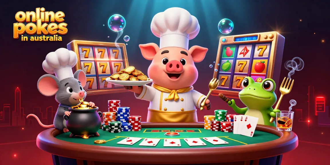 Watch the vibrant scene showcasing online pokies in Australia with engaging characters and dynamic gaming elements.