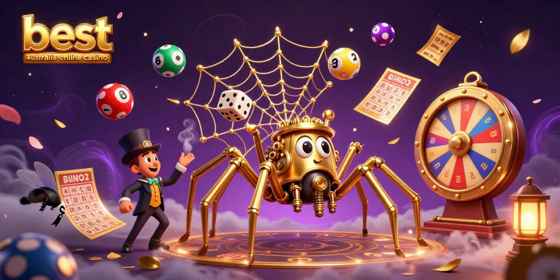 Engage with the best Australia online casino through a captivating steampunk illustration scene featuring a golden spider and more.