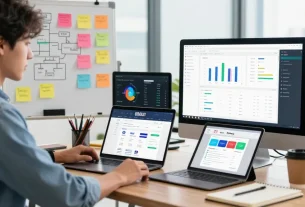 Seorang profesional muda bekerja di ruang pemasaran digital dengan GEGESLOT terlihat di monitor